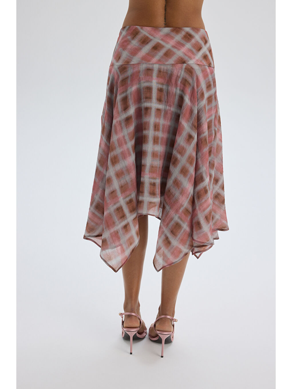Amorette Asimetrik Ekoseli Pembe Midi Etek-4