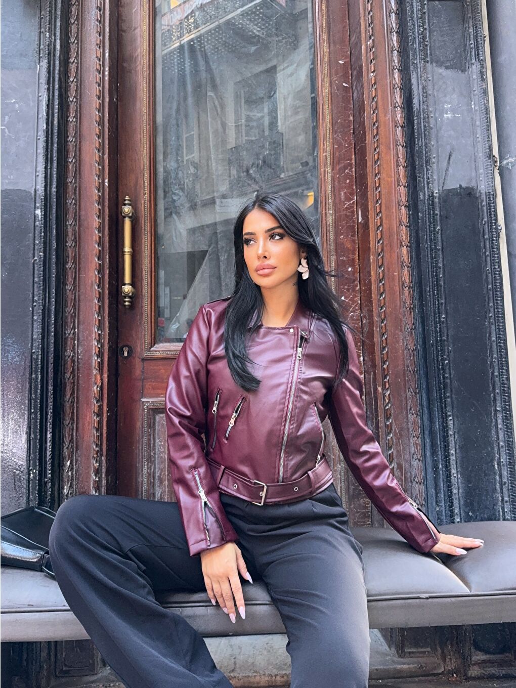 Bordo Fermuar Detay Tasarım Deri Ceket-4