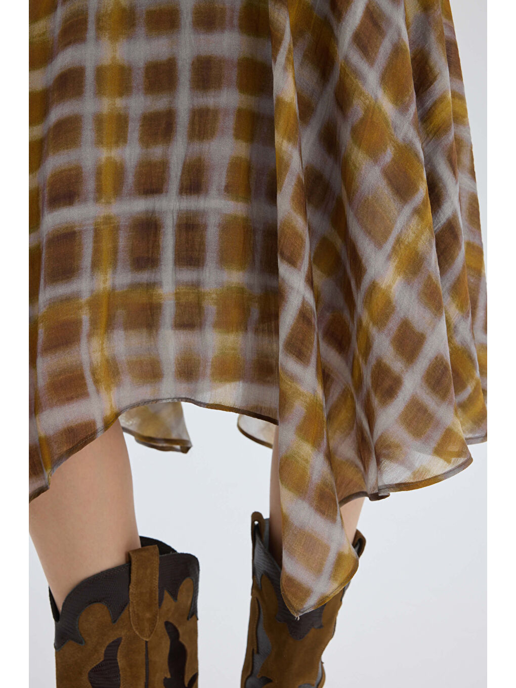 Amorette Asimetrik Ekoseli Sarı Midi Etek-7