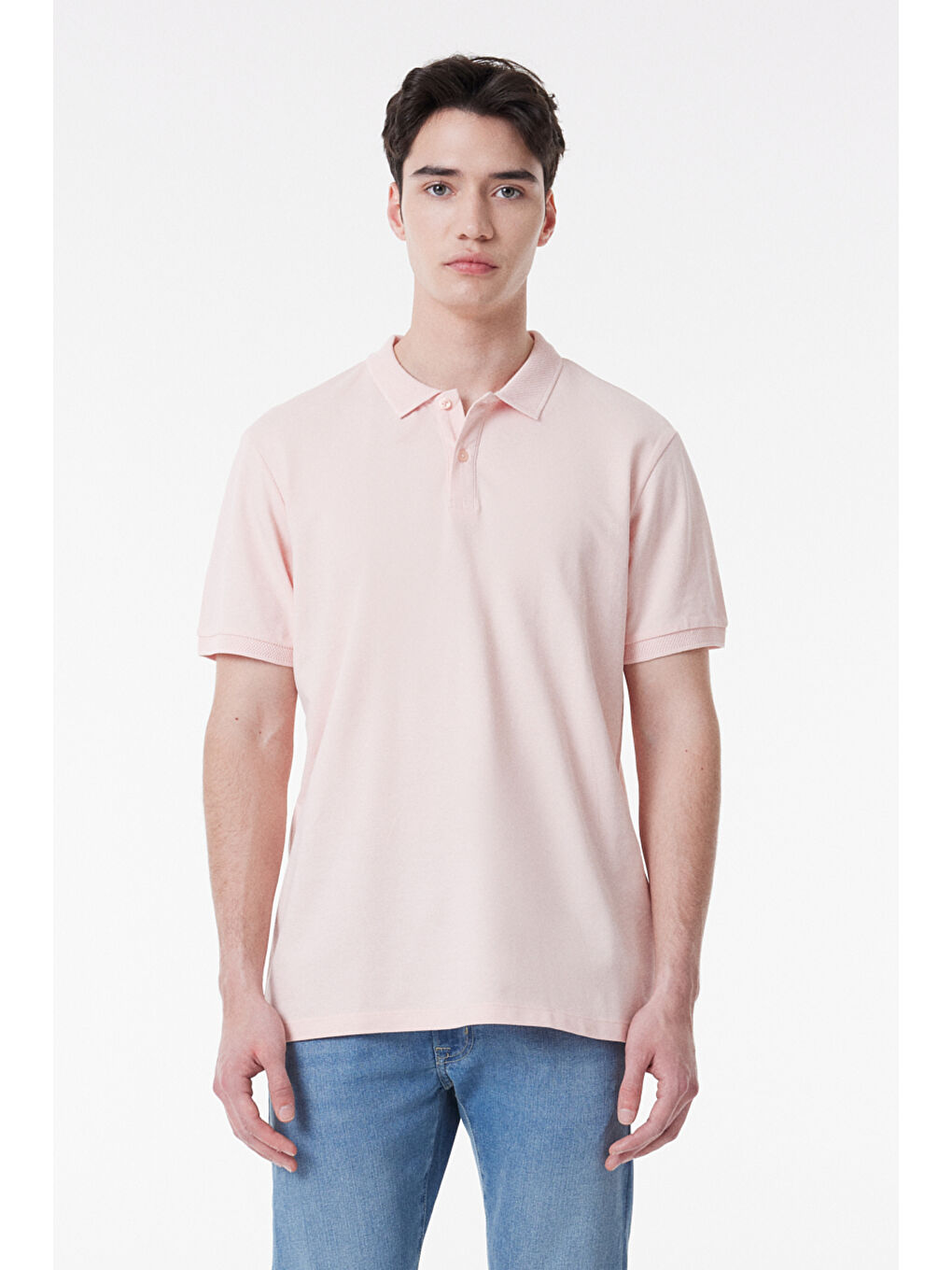 Regular Fit Normal Kesim %100 Pamuk Polo Yaka Açık Pembe Tişört-1
