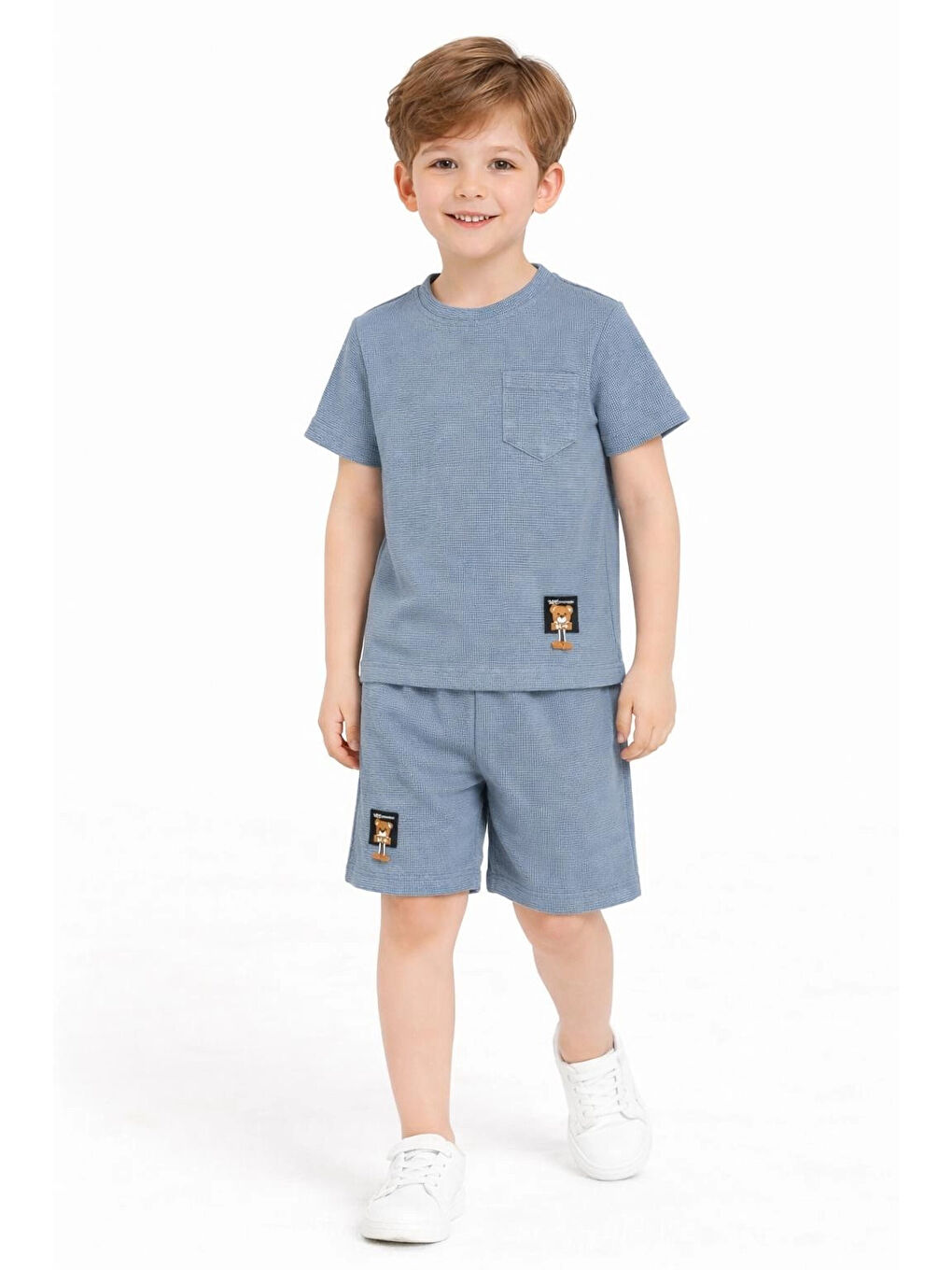 Mavi Çizgi Desenli Waffle Şortlu Erkek Takım 30101