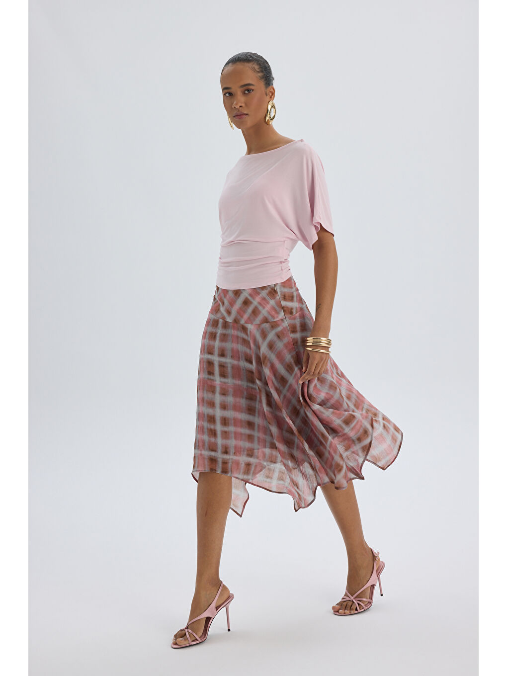 Amorette Asimetrik Ekoseli Pembe Midi Etek-5