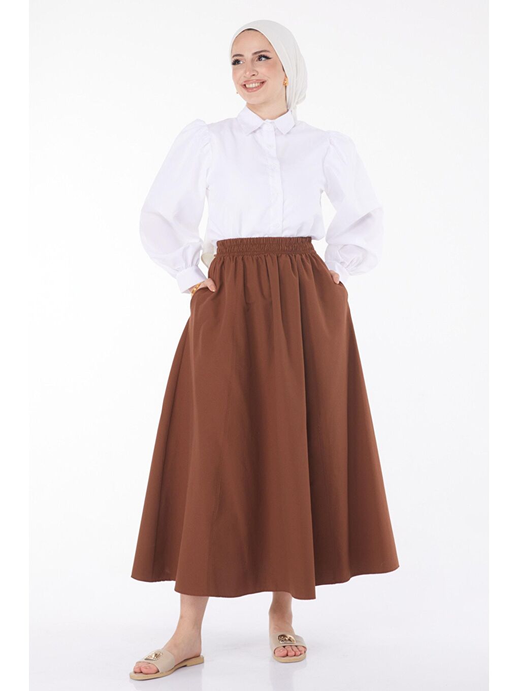 Orta Kadın Kahverengi Popli Dikişli Etek - 25894-1