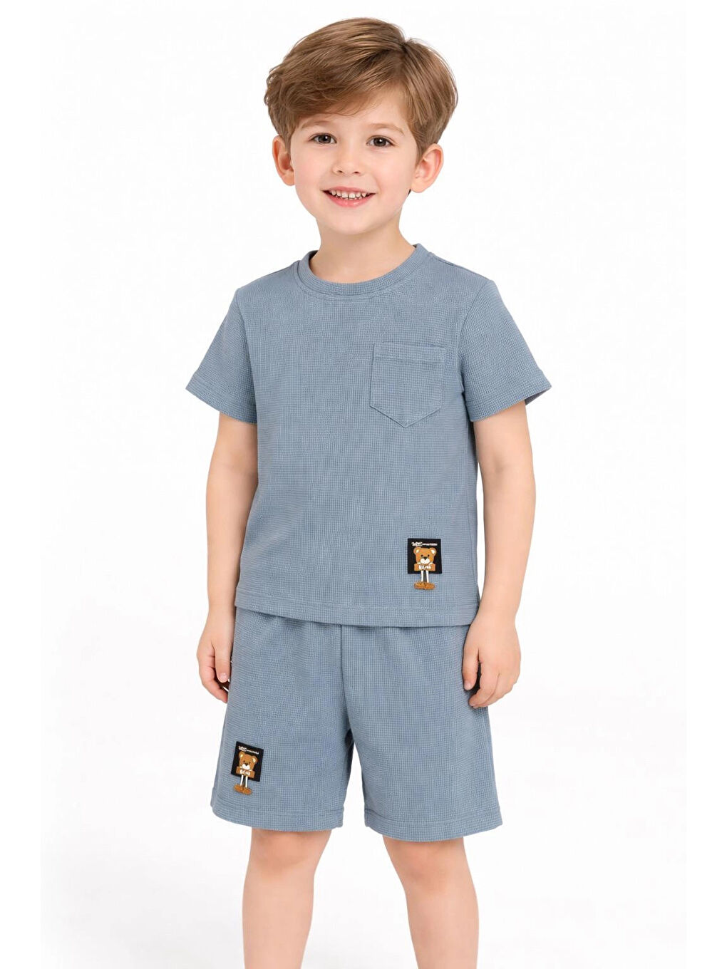 Mavi Çizgi Desenli Waffle Şortlu Erkek Takım 30101-1