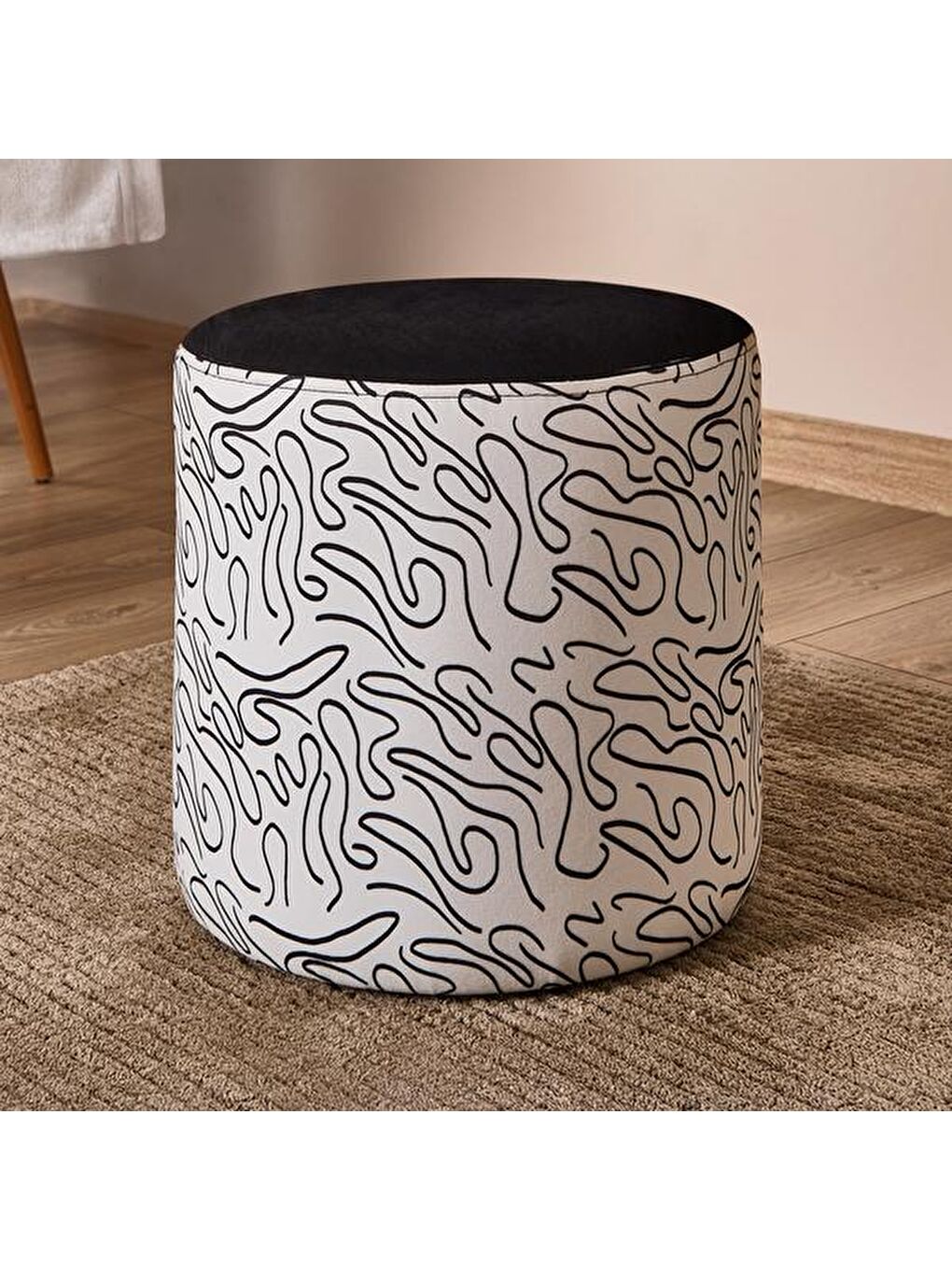 Sepia Silindir Desenli Puf - Beyaz / Siyah - 42x40x40 cm