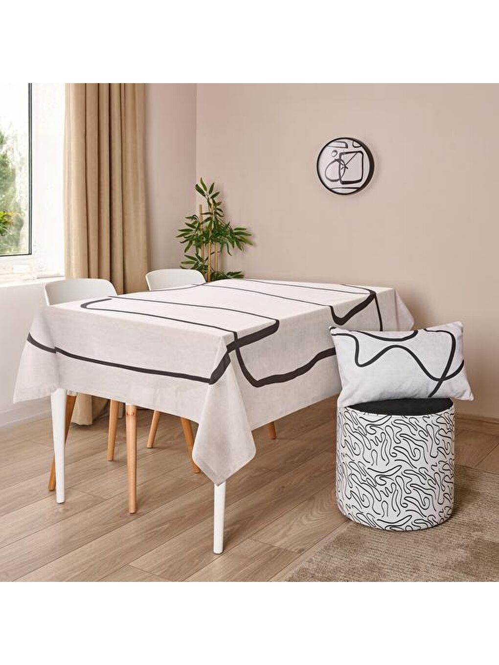 Sepia Silindir Desenli Puf - Beyaz / Siyah - 42x40x40 cm-4