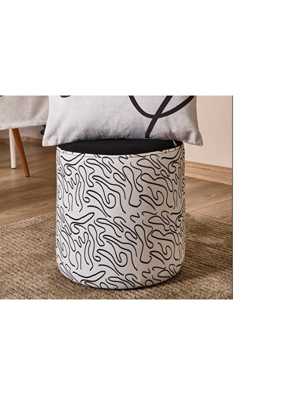 Sepia Silindir Desenli Puf - Beyaz / Siyah - 42x40x40 cm-5