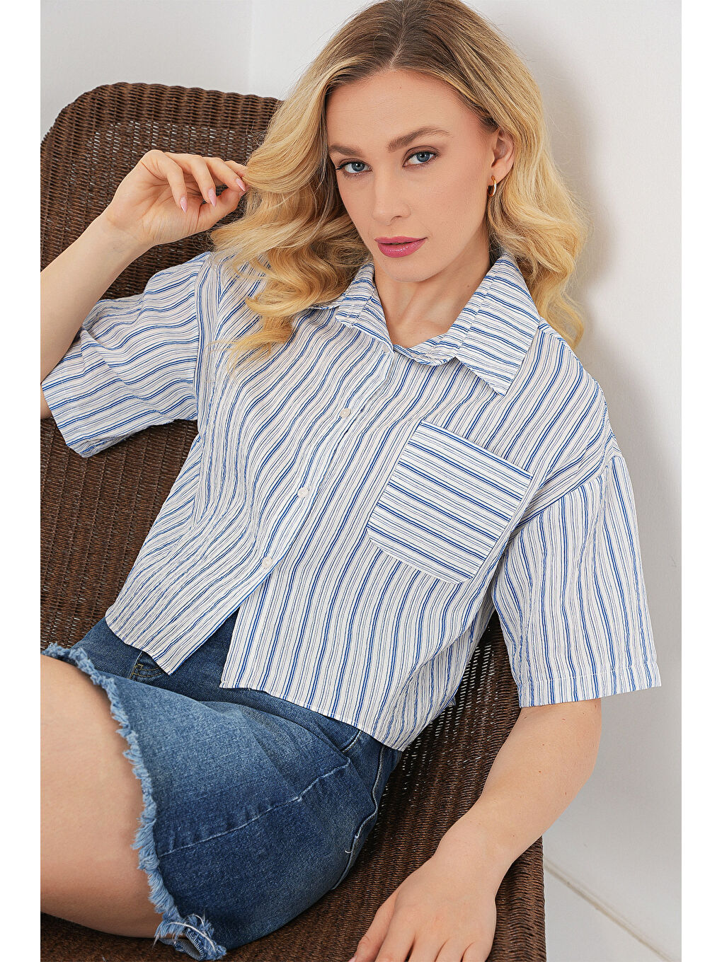Kadın Çizgili Crop Gömlek 20342 - Mavi-1