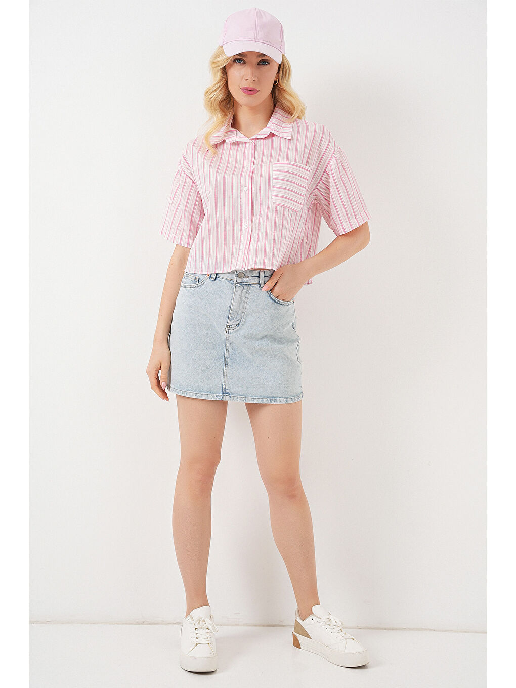 Pembe Kadın Çizgili Crop Gömlek 20342 - Pudra-1