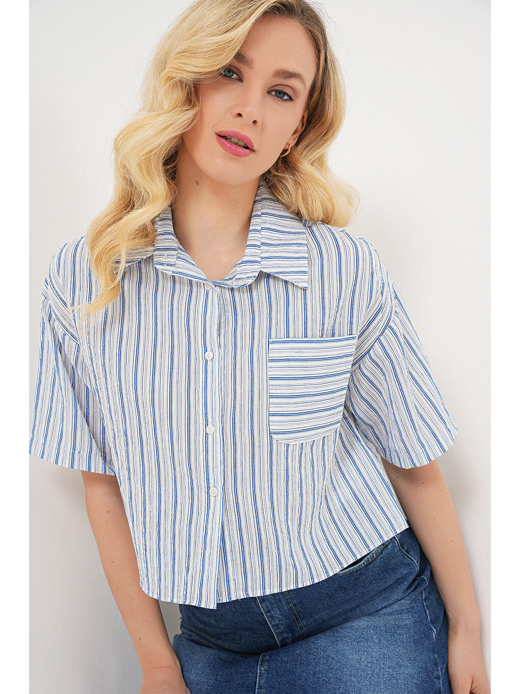Kadın Çizgili Crop Gömlek 20342 - Mavi-3