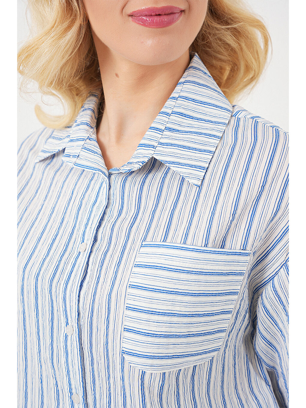 Kadın Çizgili Crop Gömlek 20342 - Mavi-4