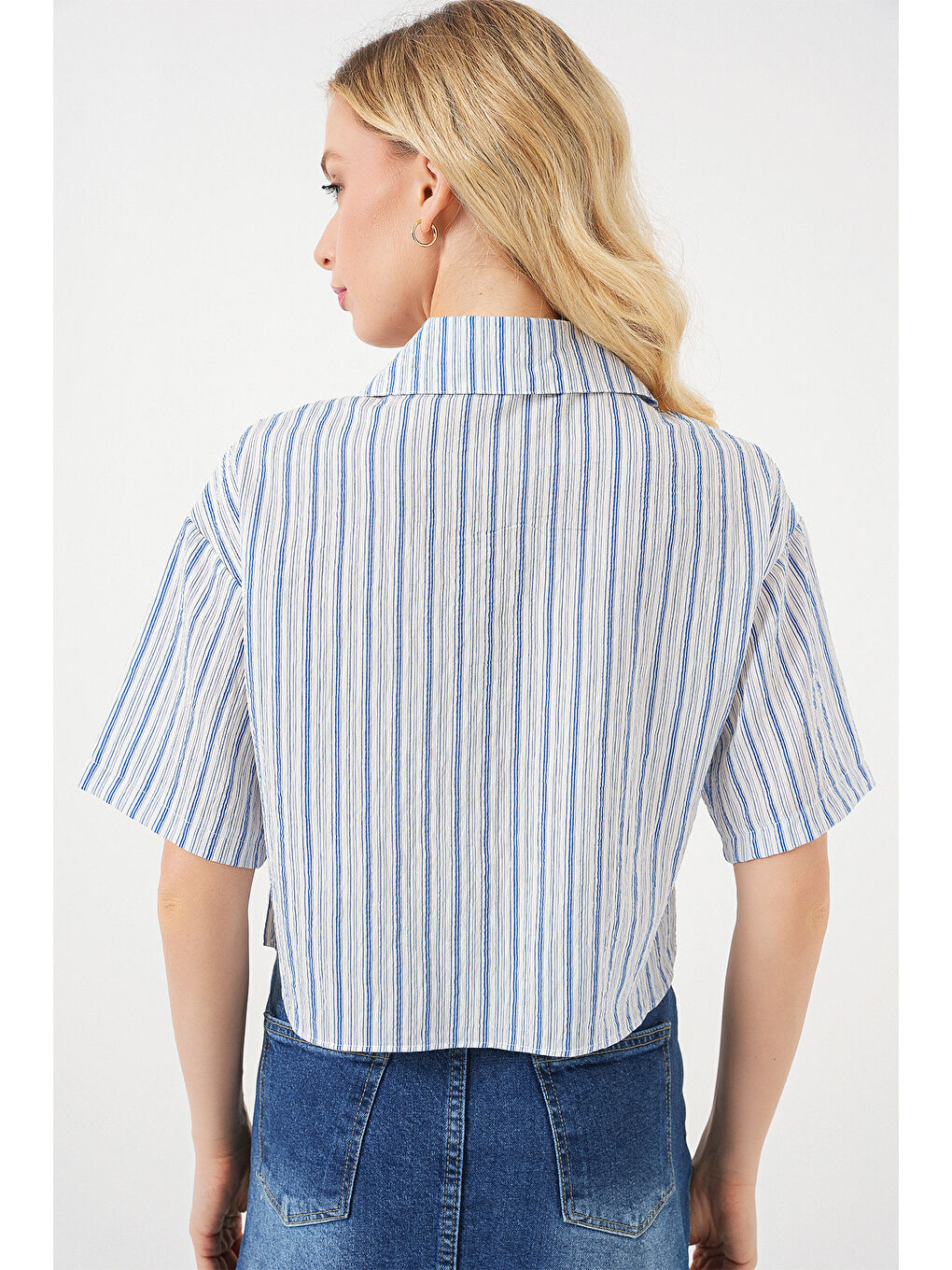 Kadın Çizgili Crop Gömlek 20342 - Mavi-5