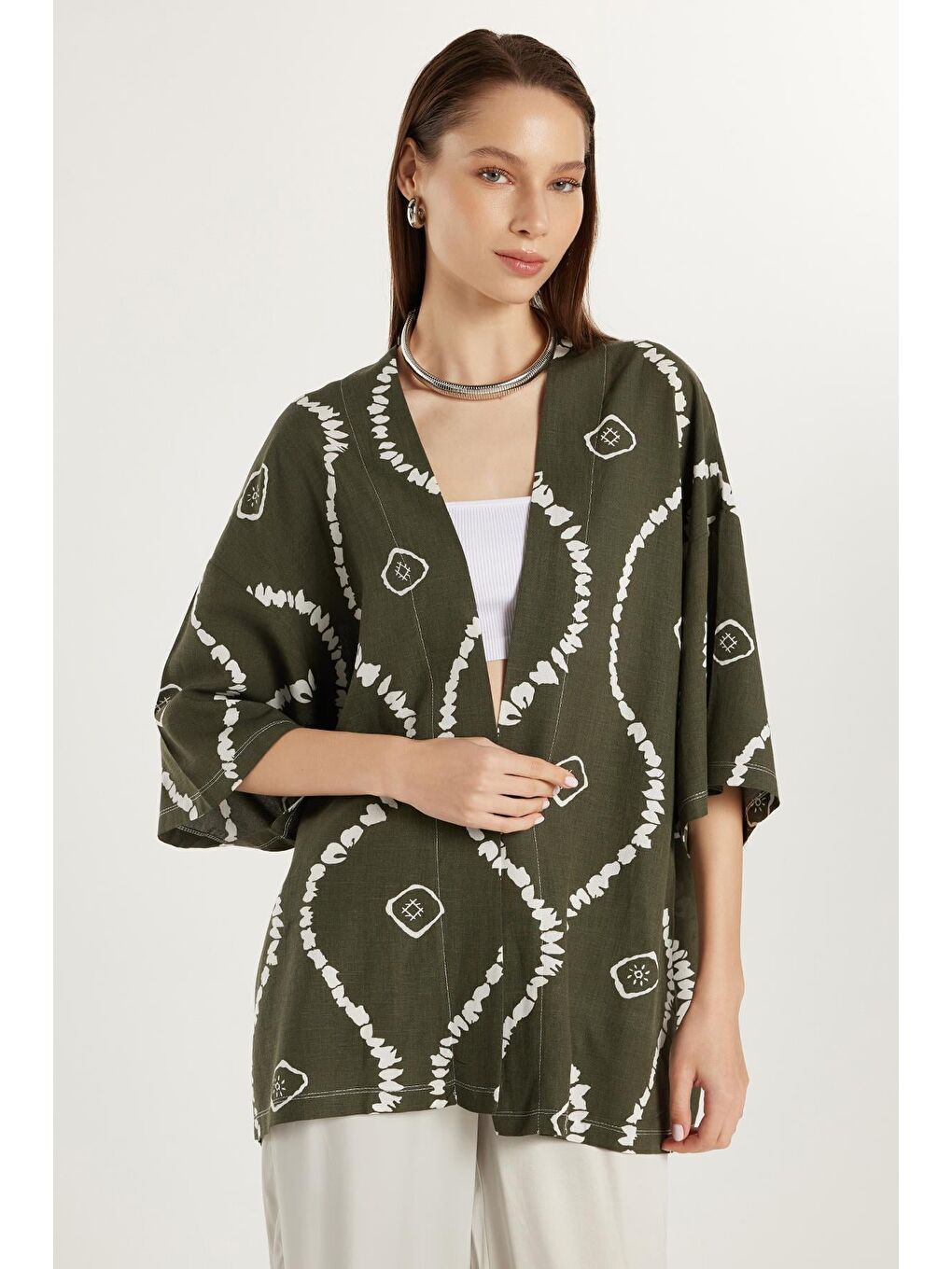 Karışık Kadın Relax Fit Rahat Kesim V Yaka Geniş Kollu Baskılı Kimono-3
