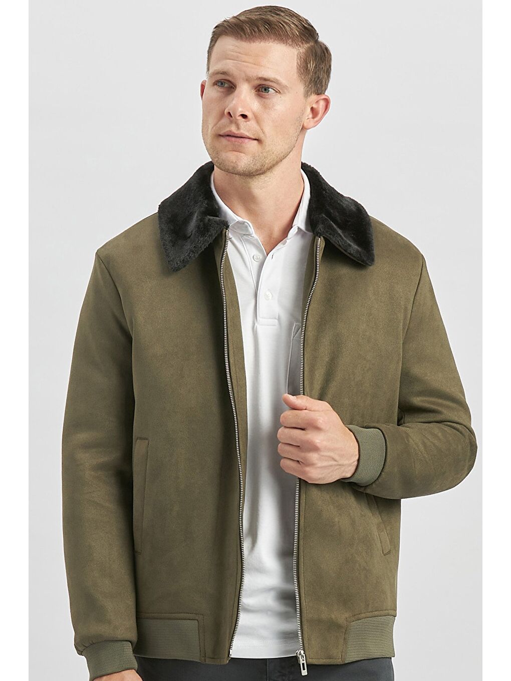 Koyu Haki Dolumlu Kürklü Yaka Elastanlı Astar Slim Fit Dar Kesim Casual Mont 1007245152-1