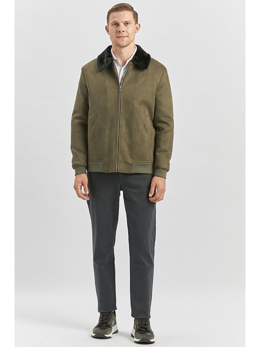 Koyu Haki Dolumlu Kürklü Yaka Elastanlı Astar Slim Fit Dar Kesim Casual Mont 1007245152-2