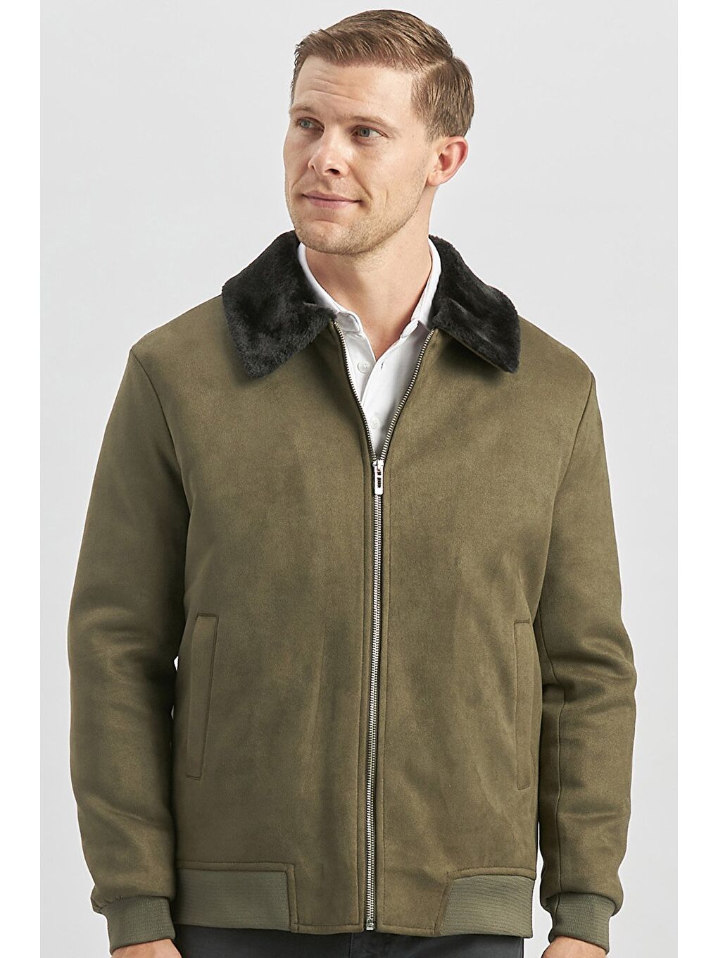 Koyu Haki Dolumlu Kürklü Yaka Elastanlı Astar Slim Fit Dar Kesim Casual Mont 1007245152-3