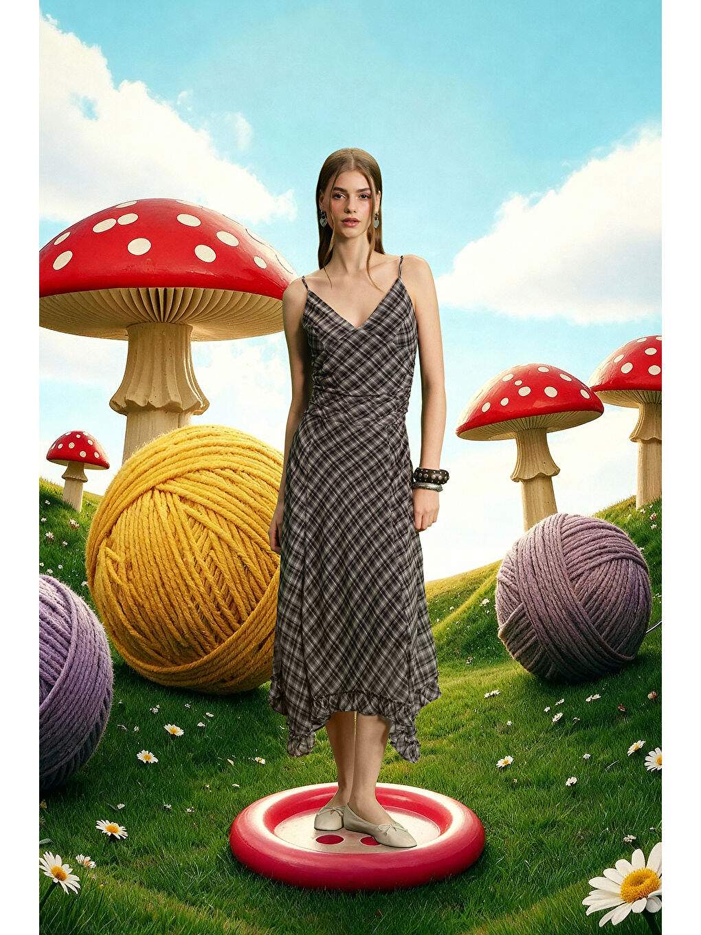 Asimetrik Drapeli Ekose Midi Elbise Siyah