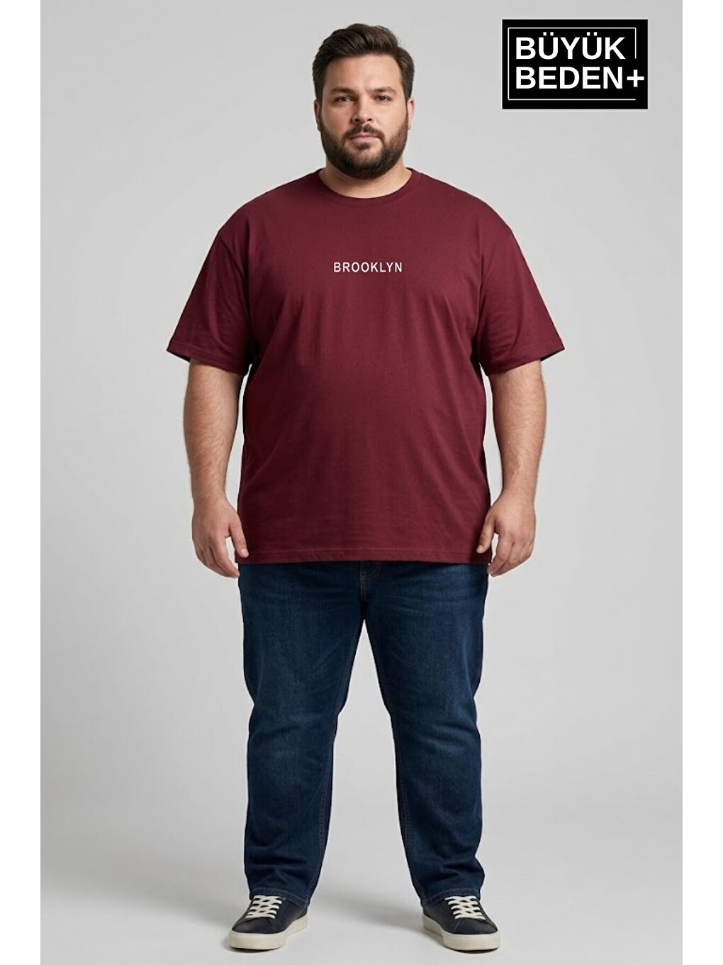 Bordo Erkek Büyük Beden Orta Brooklyn Baskılı 3xl-6xl Bisiklet Yaka Tshırt Spr26bts510-8