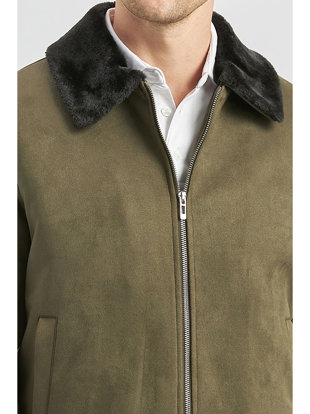 Koyu Haki Dolumlu Kürklü Yaka Elastanlı Astar Slim Fit Dar Kesim Casual Mont 1007245152-4