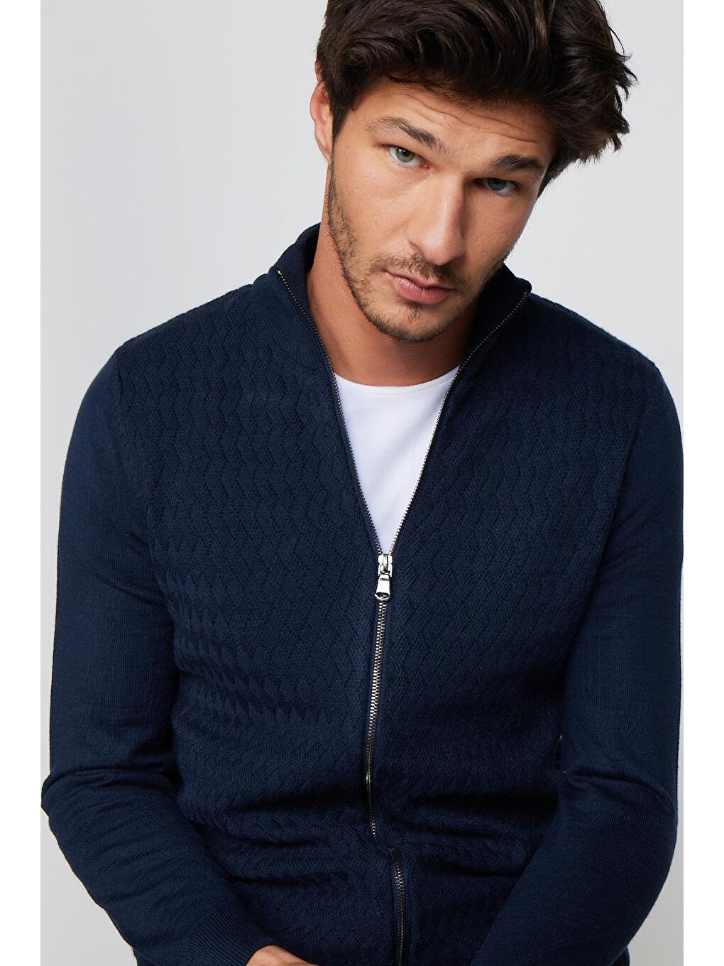 Slim Fit Desenli Dik Yaka Fermuarlı Lacivert Erkek Hırka-1