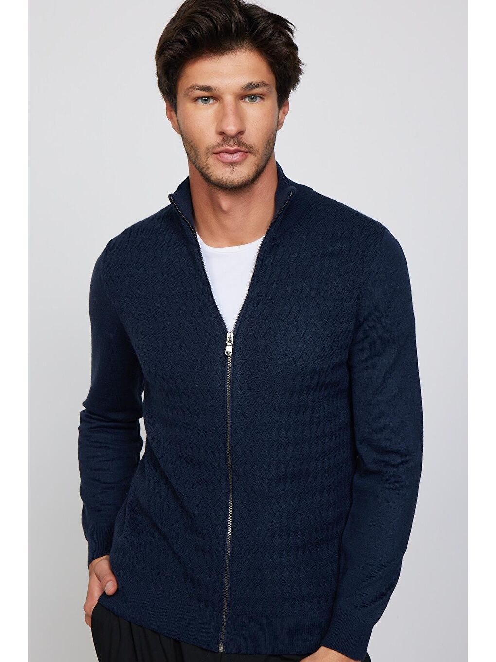 Slim Fit Desenli Dik Yaka Fermuarlı Lacivert Erkek Hırka-2