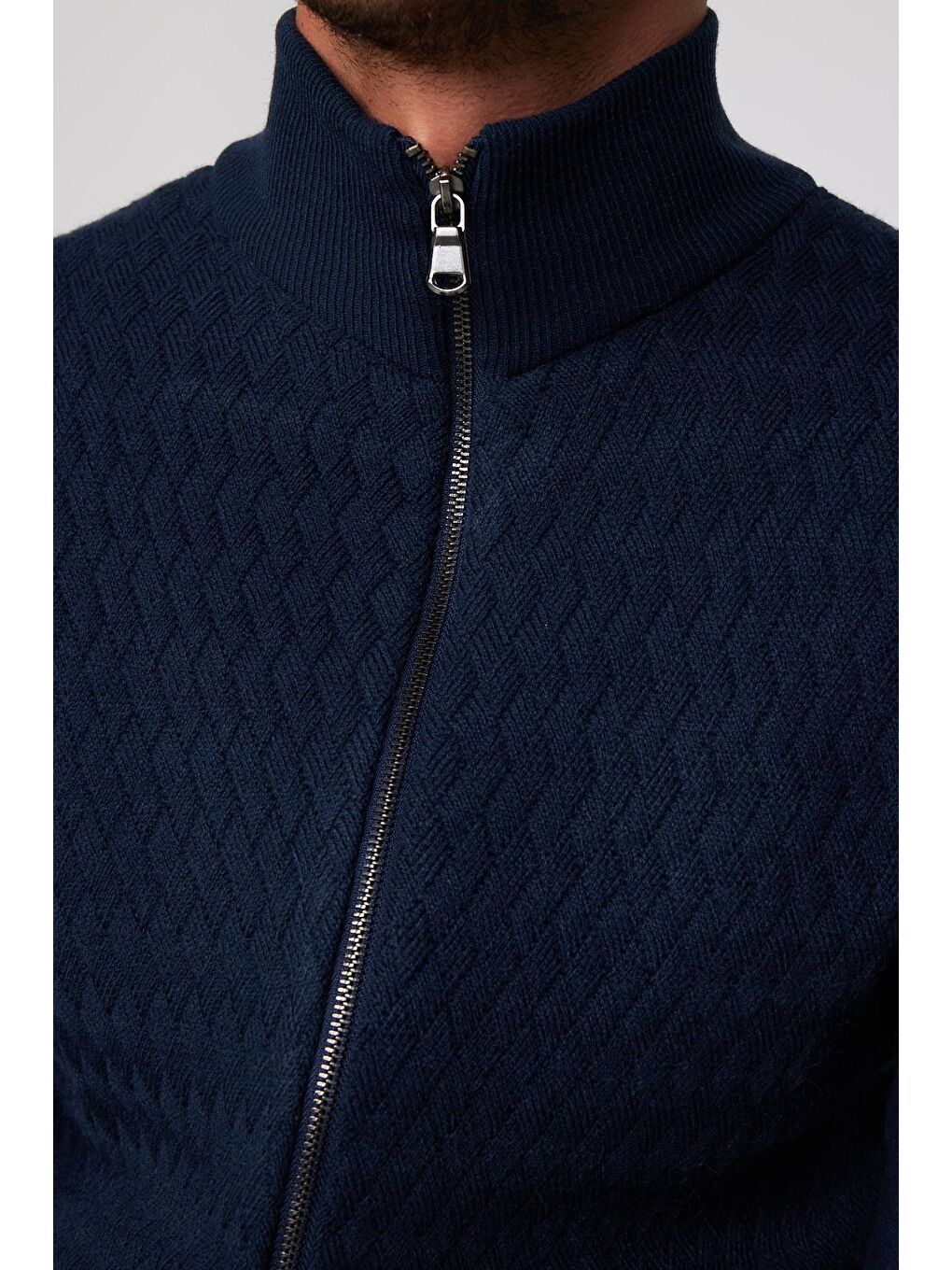 Slim Fit Desenli Dik Yaka Fermuarlı Lacivert Erkek Hırka-3