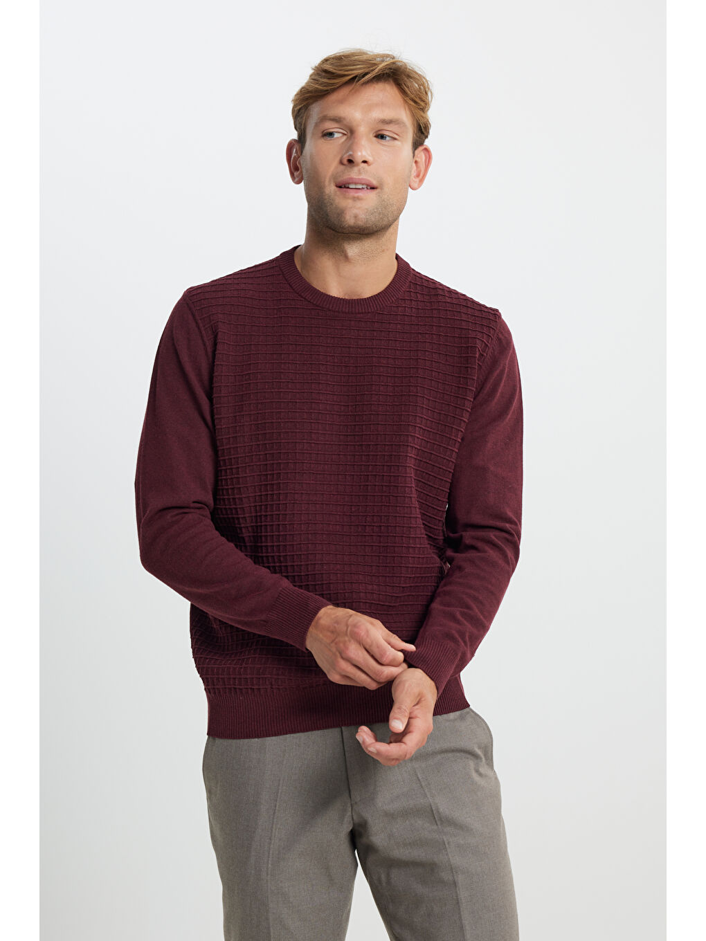 Erkek Bordo Pamuklu Standart Fit Normal Kesim Bisiklet Yaka Jakarlı Triko Kazak