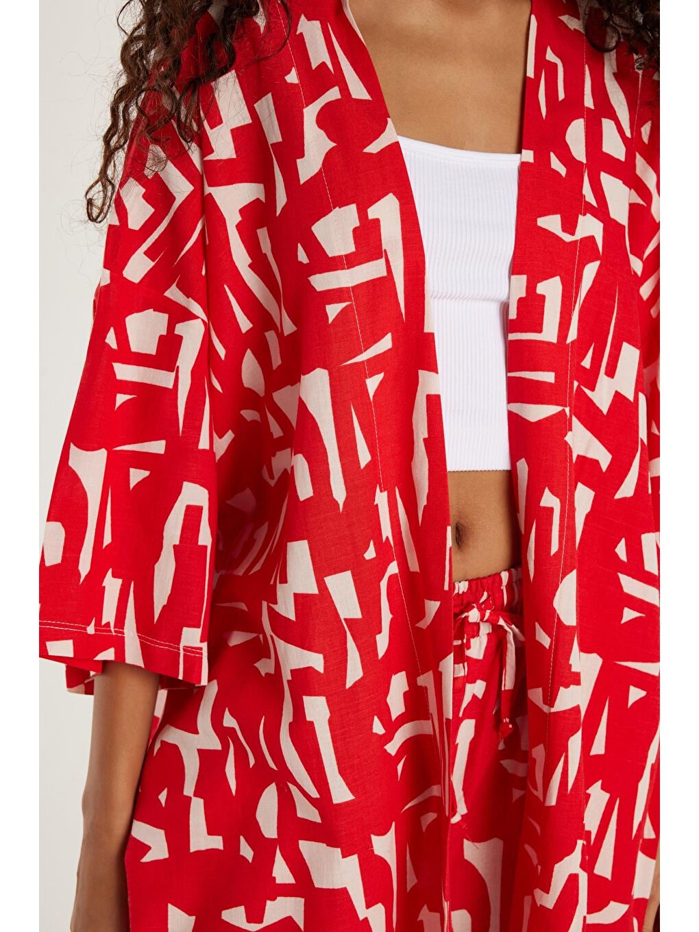 Karışık Kadın Relax Fit Rahat Kesim V Yaka Geniş Kollu Baskılı Kimono-2