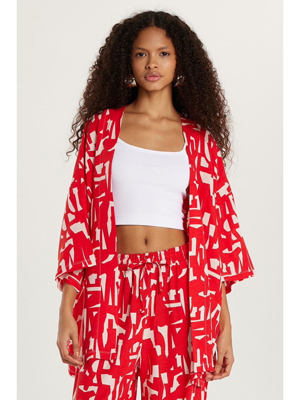 Karışık Kadın Relax Fit Rahat Kesim V Yaka Geniş Kollu Baskılı Kimono-3