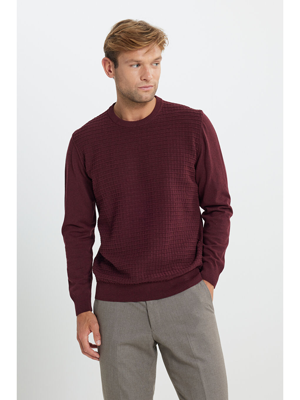 Erkek Bordo Pamuklu Standart Fit Normal Kesim Bisiklet Yaka Jakarlı Triko Kazak-2