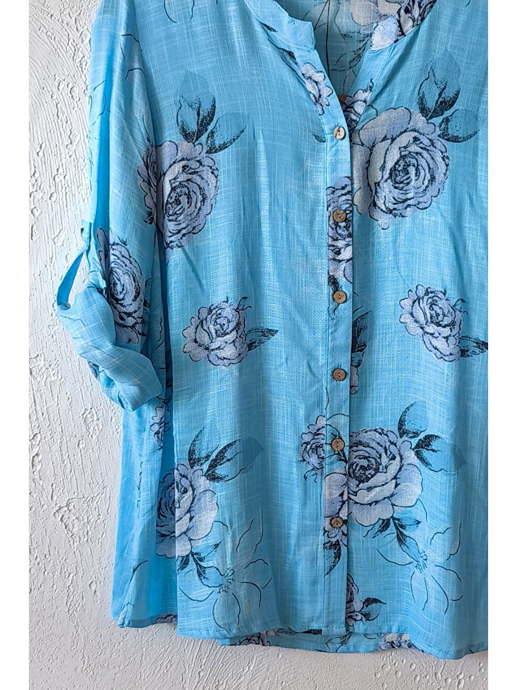 Turkuaz Hakim Yaka Düğmeli 3/4 Kol Çiçekli Yırtmaçlı Casual Pamuklu Oversize Dokuma Gömlek 73 60-1