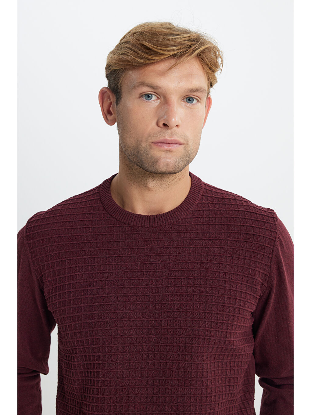 Erkek Bordo Pamuklu Standart Fit Normal Kesim Bisiklet Yaka Jakarlı Triko Kazak-3