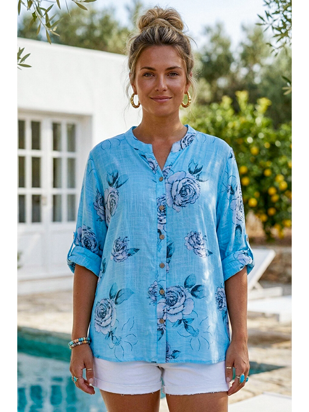 Turkuaz Hakim Yaka Düğmeli 3/4 Kol Çiçekli Yırtmaçlı Casual Pamuklu Oversize Dokuma Gömlek 73 60-3