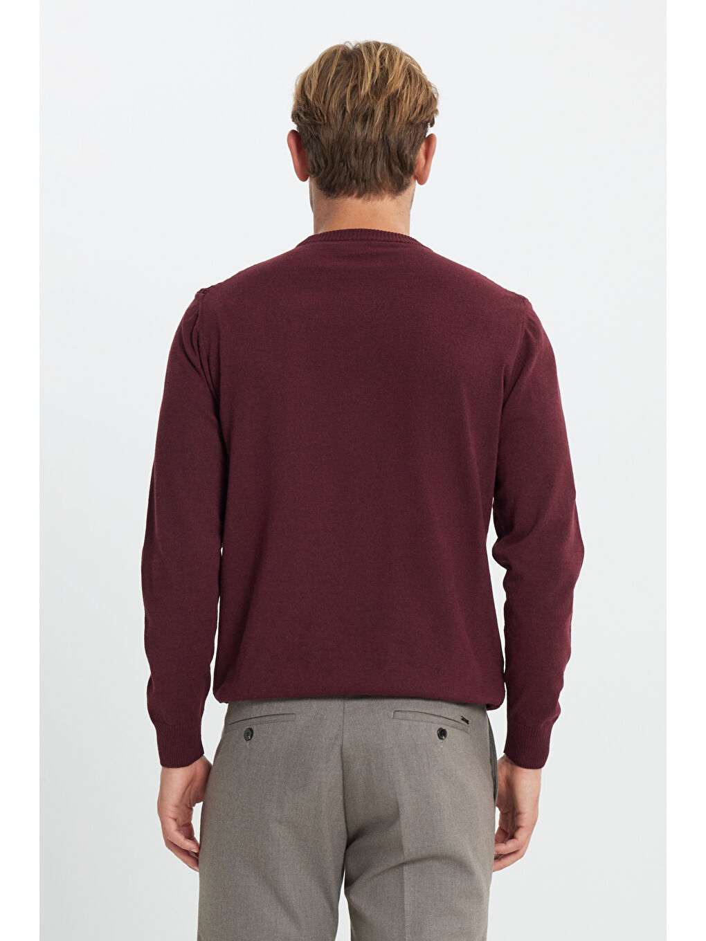 Erkek Bordo Pamuklu Standart Fit Normal Kesim Bisiklet Yaka Jakarlı Triko Kazak-4