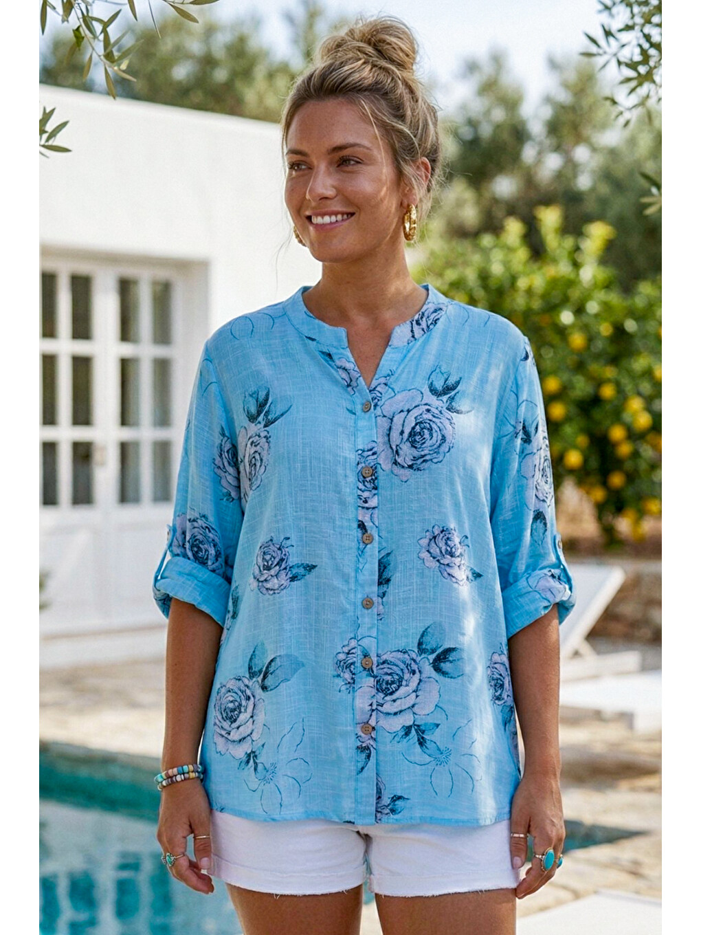 Turkuaz Hakim Yaka Düğmeli 3/4 Kol Çiçekli Yırtmaçlı Casual Pamuklu Oversize Dokuma Gömlek 73 60-4