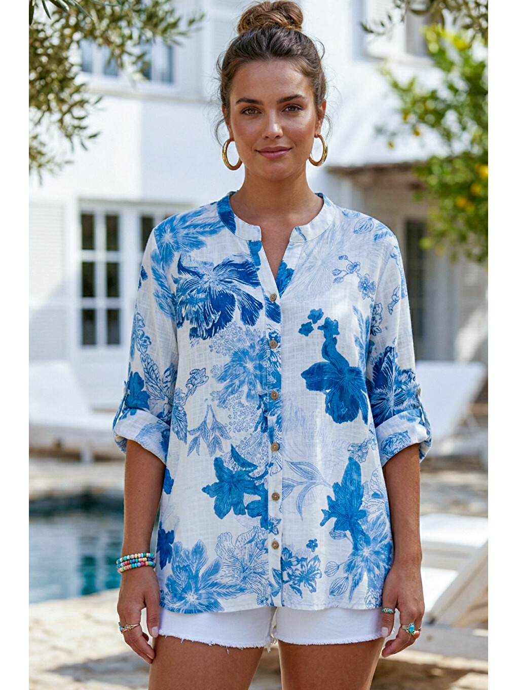 Ekru Krem Hakim Yaka Düğmeli 3/4 Kol Çiçekli Yırtmaçlı Casual Pamuklu Oversize Dokuma Gömlek 73 60-3