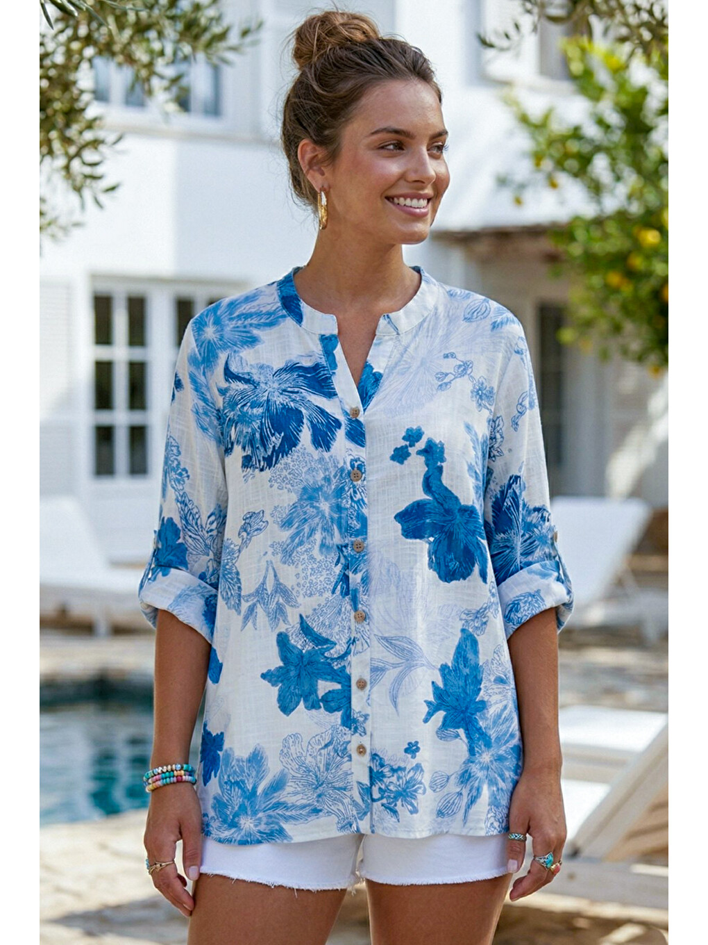 Ekru Krem Hakim Yaka Düğmeli 3/4 Kol Çiçekli Yırtmaçlı Casual Pamuklu Oversize Dokuma Gömlek 73 60-4