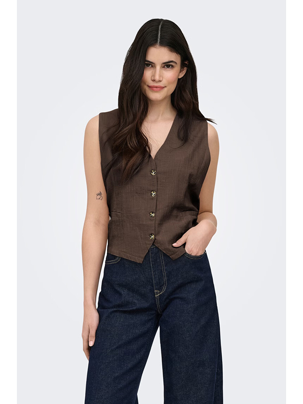 Kahverengi Onltizana % 100 Pamuk Regular Fit V Yaka Yelek 15337097-2