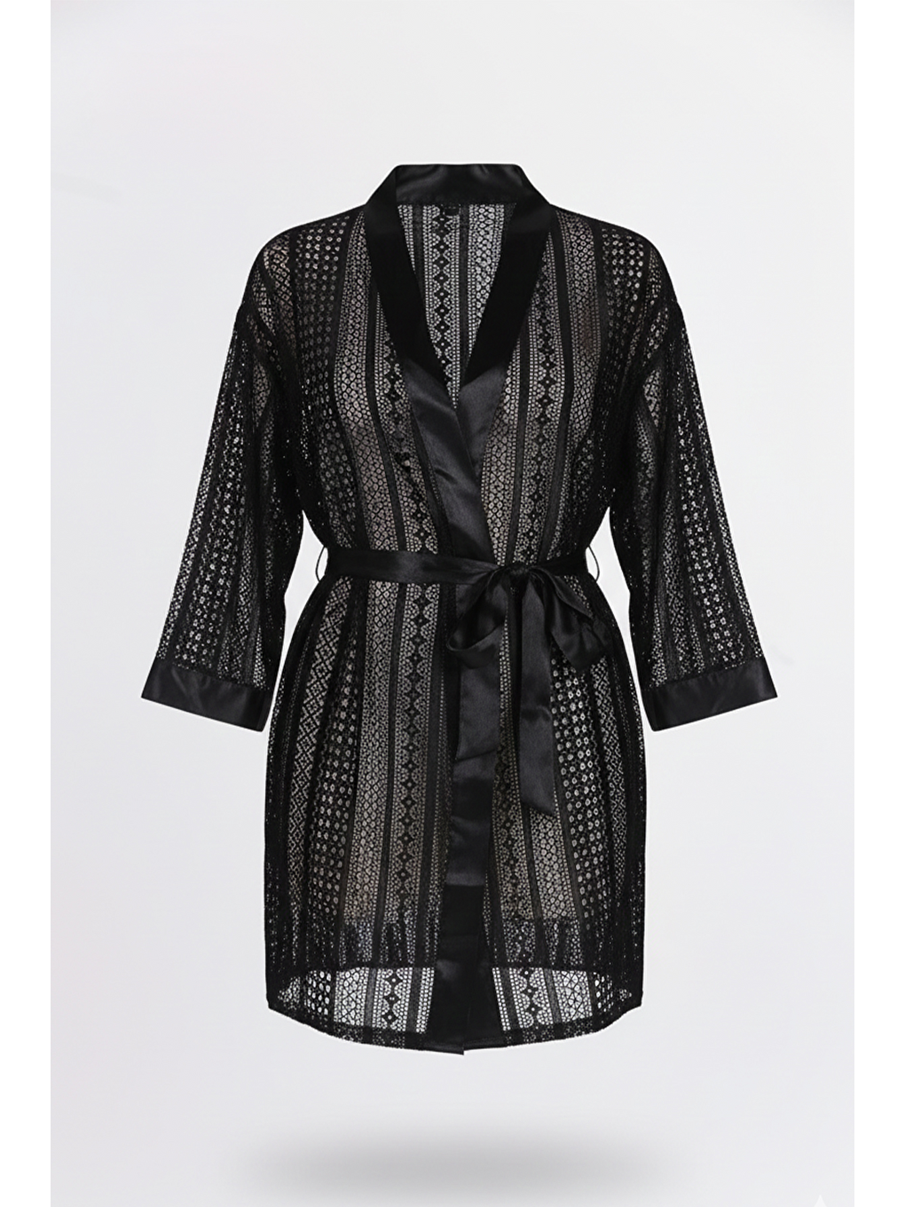 Kuşaklı Dantel Sabahlık Siyah