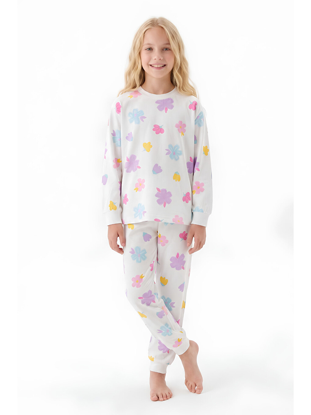 Beyaz %100 Pamuk Ve Baskılı Kız Çocuk Pijama Takımı 8-13 Yaş 12739ıs