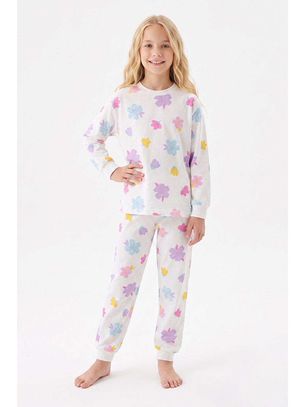 Beyaz %100 Pamuk Ve Baskılı Kız Çocuk Pijama Takımı 8-13 Yaş 12739ıs-1