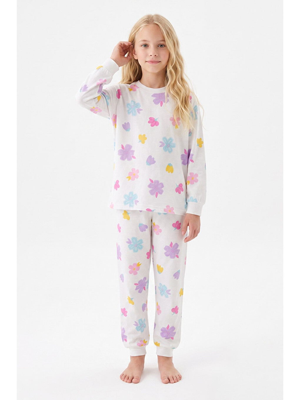 Beyaz %100 Pamuk Ve Baskılı Kız Çocuk Pijama Takımı 8-13 Yaş 12739ıs-2