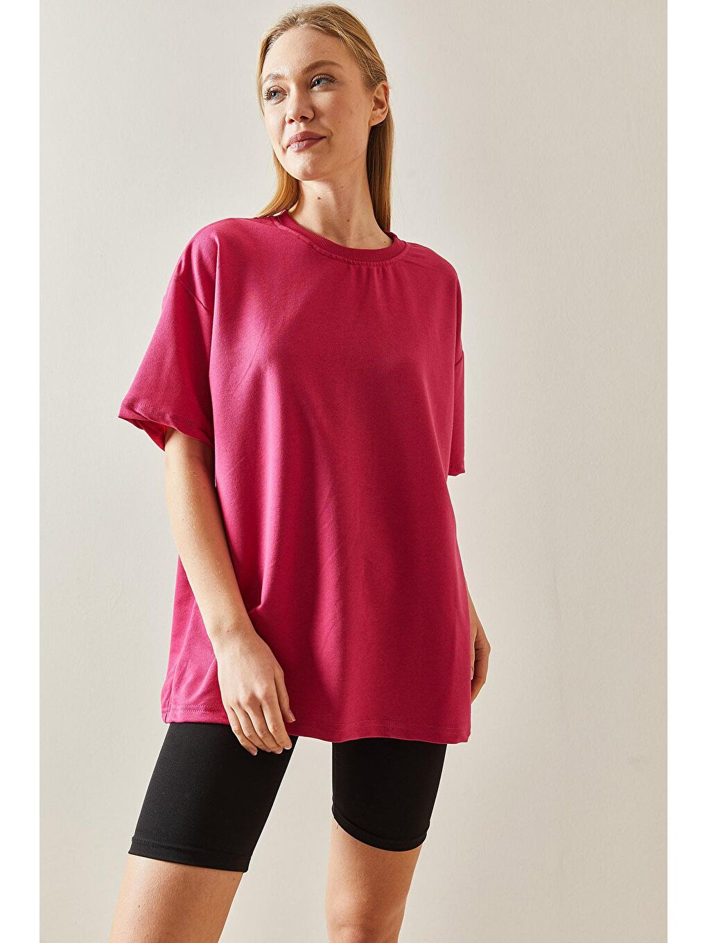 XHAN Fuşya Oversize Basic T-Shirt 3YXK1-47087-07 - 1