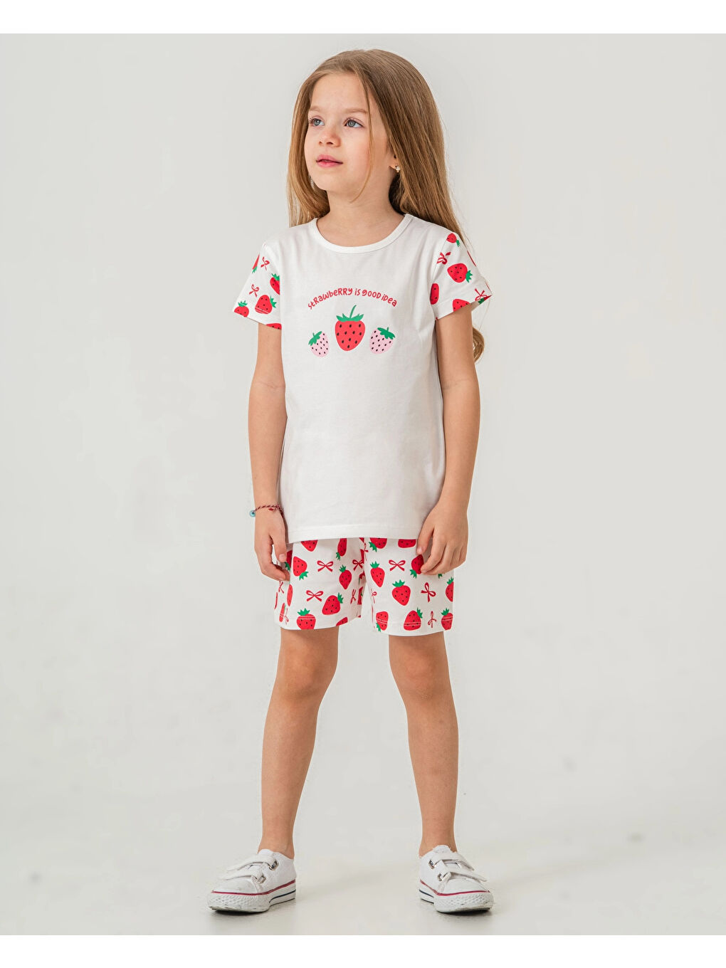 Ekru Çilek Baskılı Kız Çocuk Şortlu Takım 50360