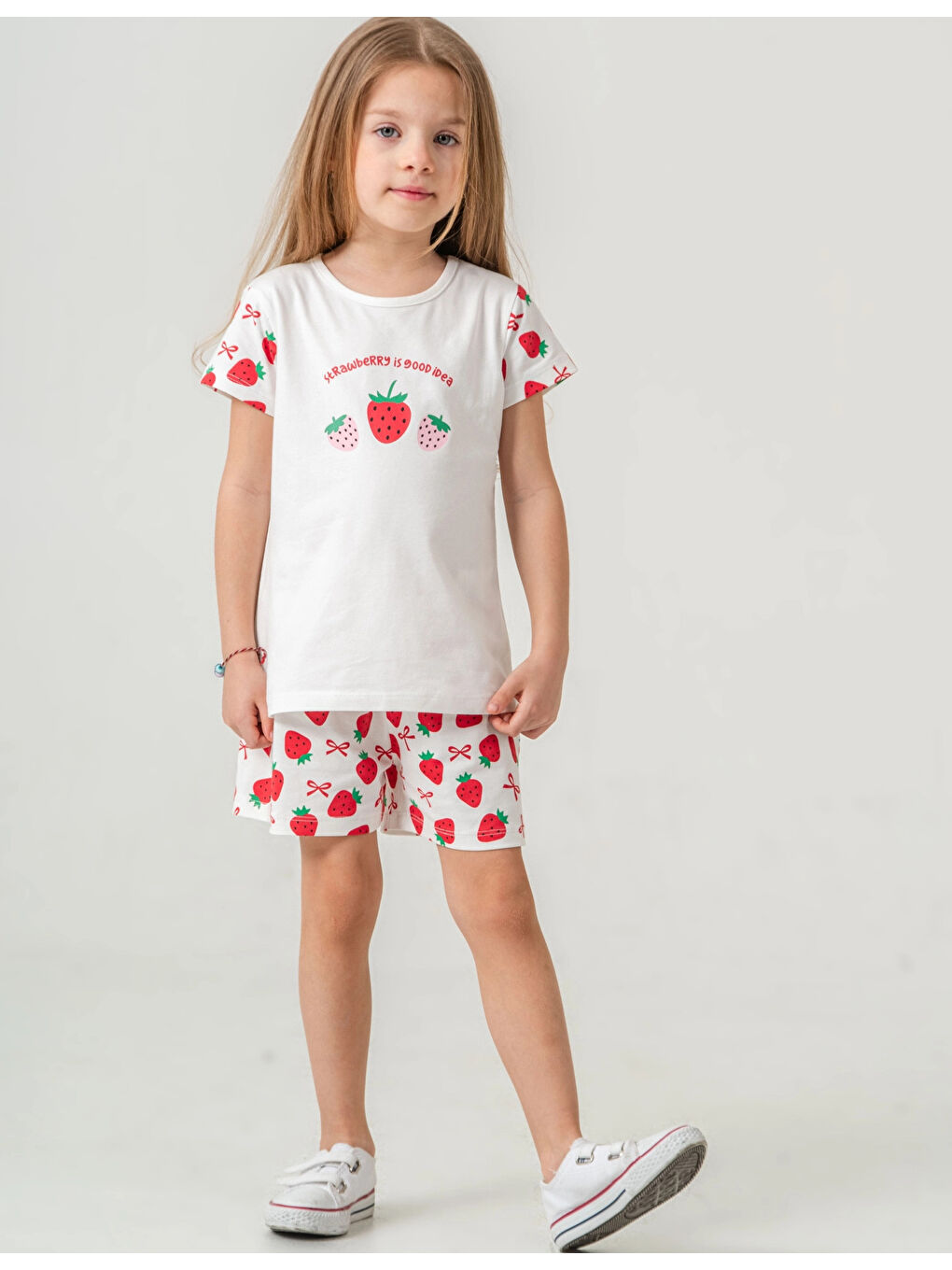 Ekru Çilek Baskılı Kız Çocuk Şortlu Takım 50360-1
