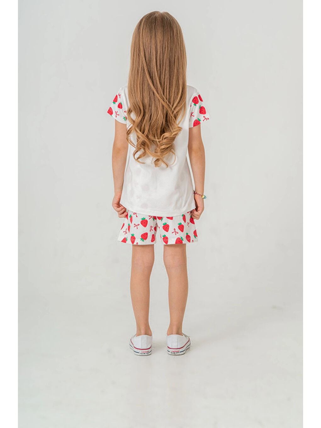 Ekru Çilek Baskılı Kız Çocuk Şortlu Takım 50360-3