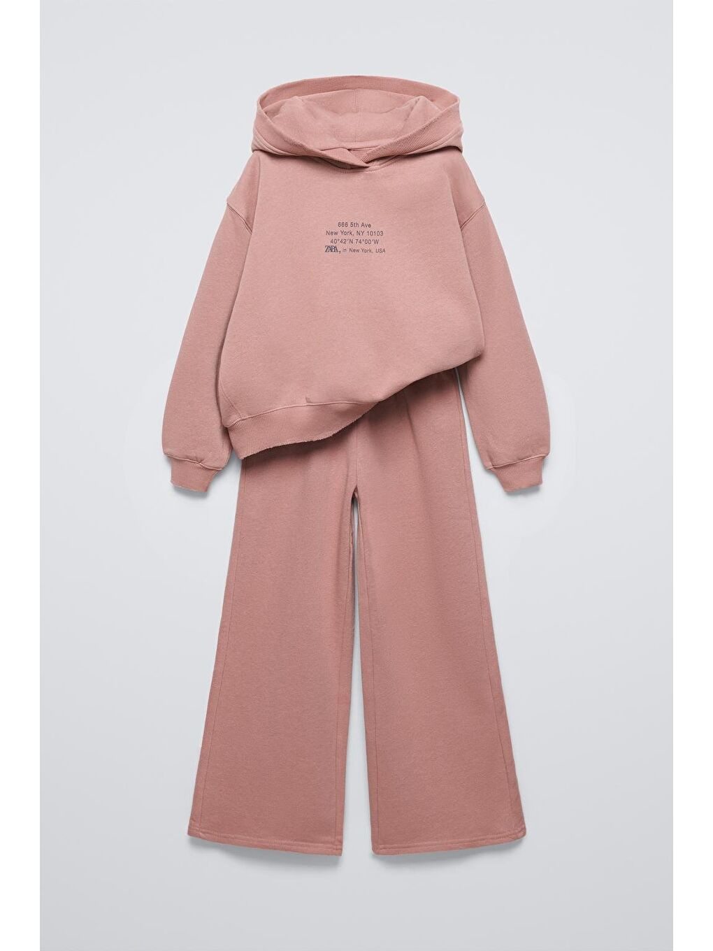 Pembe Kız Çocuk Pamuklu Gül Kurusu Kapüşonlu Sweatshirt Ve Geniş Paça Eşofman Takım