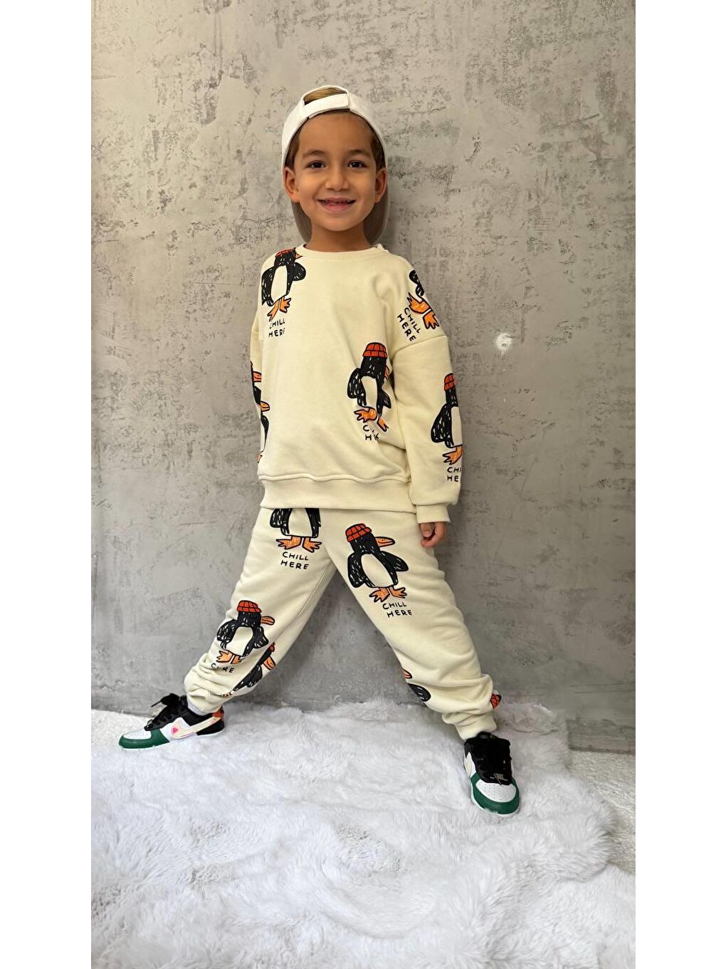 Unisex Çocuk Pamuklu Ekru Penguen Desenli Sweatshirt Ve Eşofman Takım-2