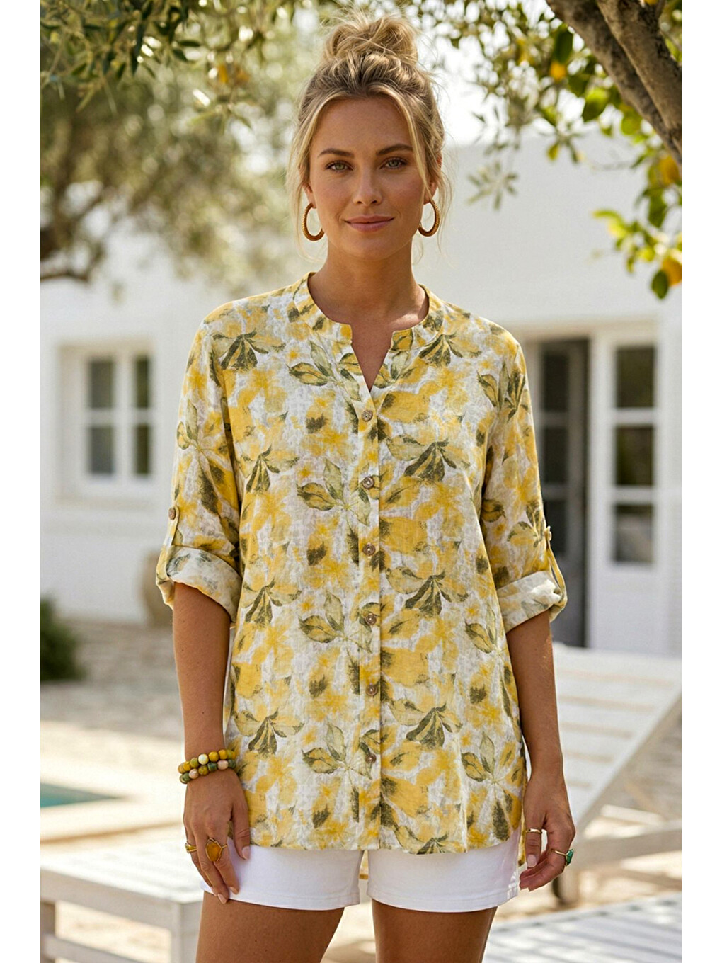Sarı Hakim Yaka Düğmeli 3/4 Kol Yaprak Desenli Yırtmaçlı Casual Pamuklu Oversize Dokuma Gömlek 73 60-3