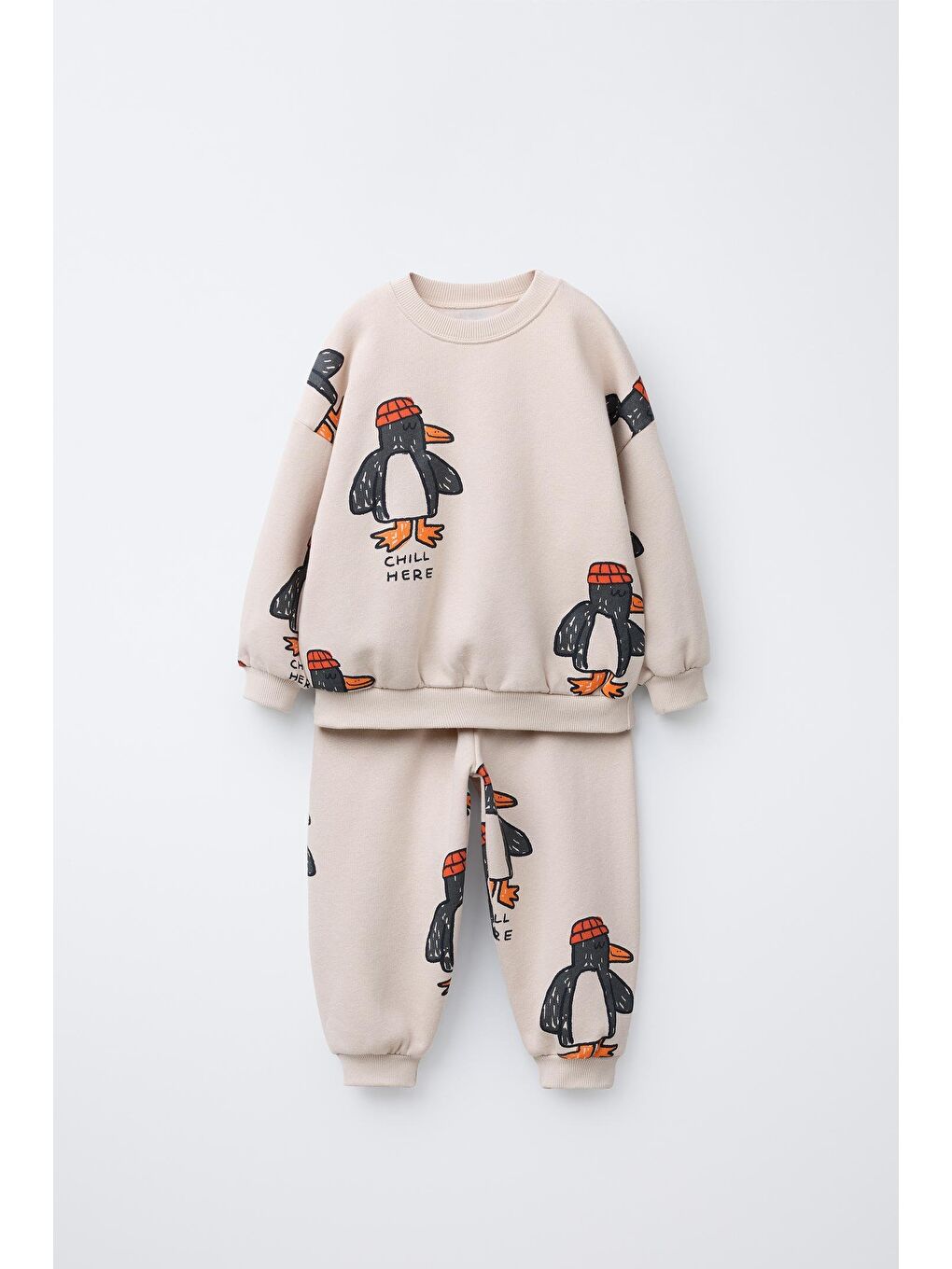 Unisex Çocuk Pamuklu Ekru Penguen Desenli Sweatshirt Ve Eşofman Takım-3